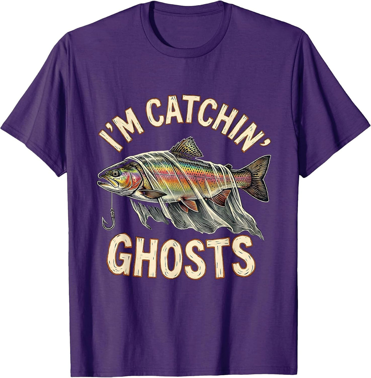 I'm Catchin' Ghosts Linocut Halloween Fishing Ghost Dad T-Shirt - Purple