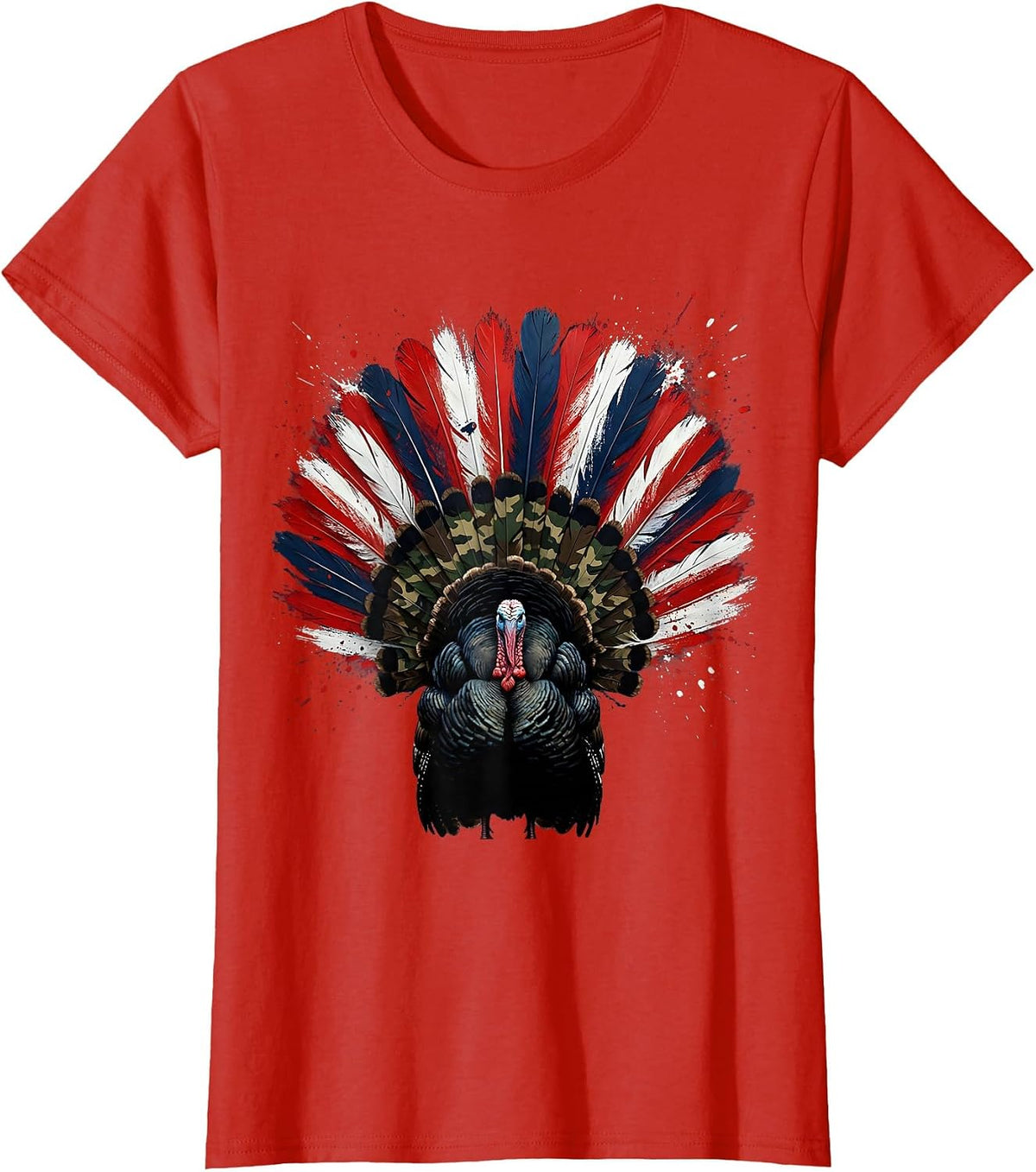 Camo Turkey Feathers Forest Light Illustration T-Shirt - Red
