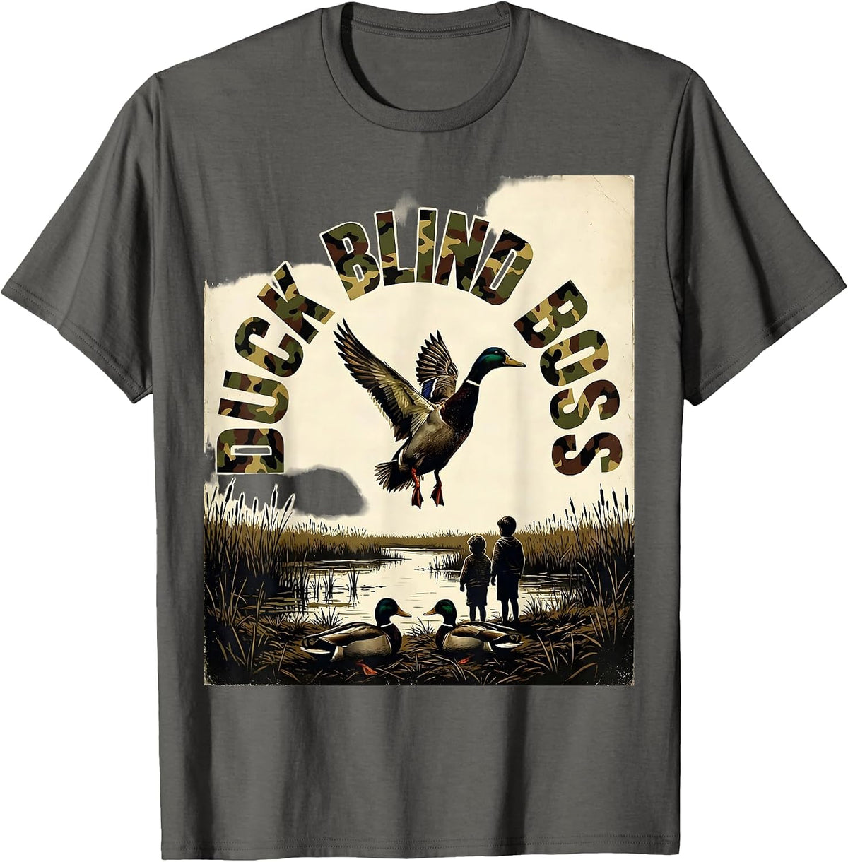 Men's Duck Blind Boss Vintage Duck Hunting Humor Camo Outdoorsman T-Shirt - Asphalt Grey