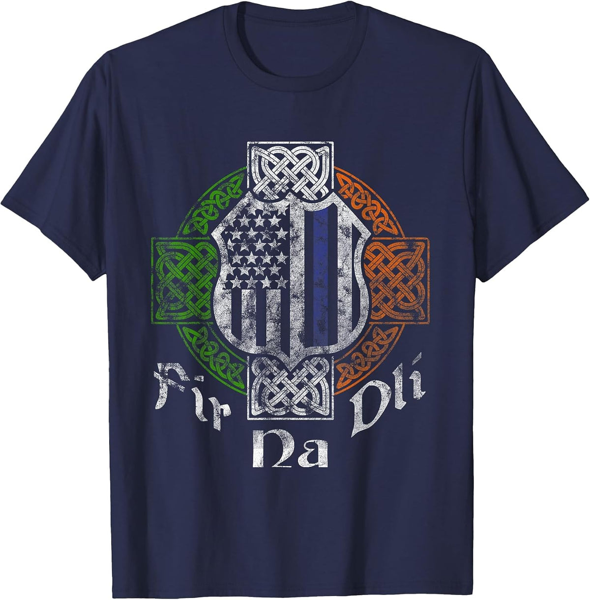 Thin Blue Line Shirt Fir Na Dli Celtic Cross Irish Police T-Shirt - Navy Blue