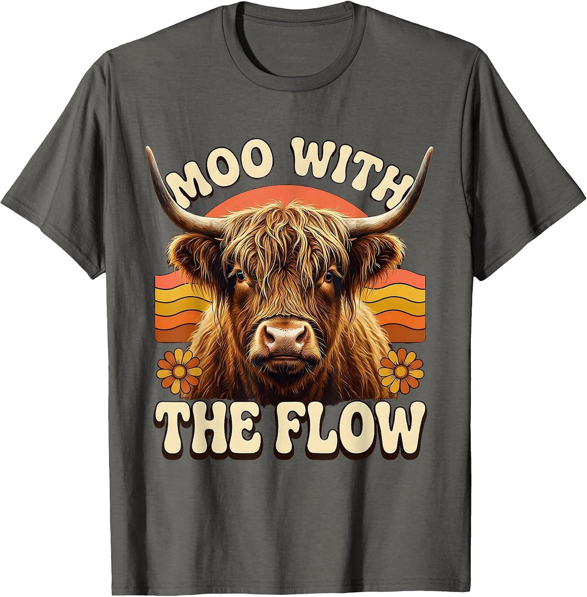 Moo With The Flow Retro 70s Highland Cow Farm Animal Humor T-Shirt - Asphalt Grey