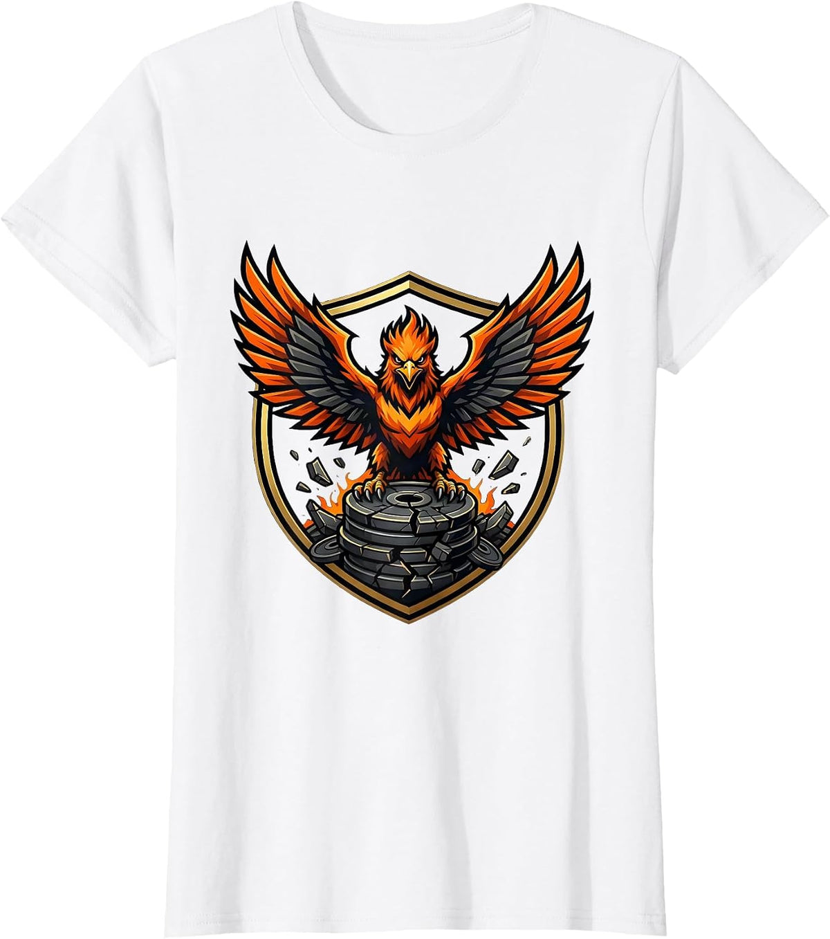 Phoenix Rising From Broken Weights Gym Design T-Shirt - White