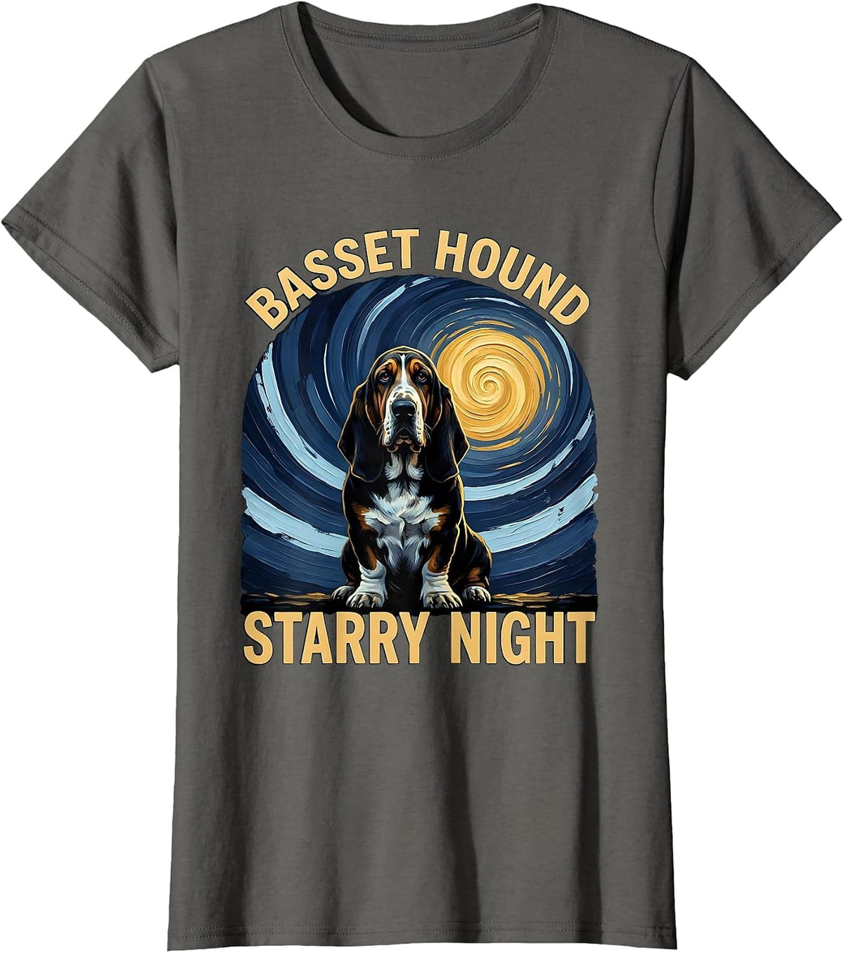 Women's Basset Hound Starry Night Whimsical Pet Lover Van Gogh T-Shirt - Asphalt Grey