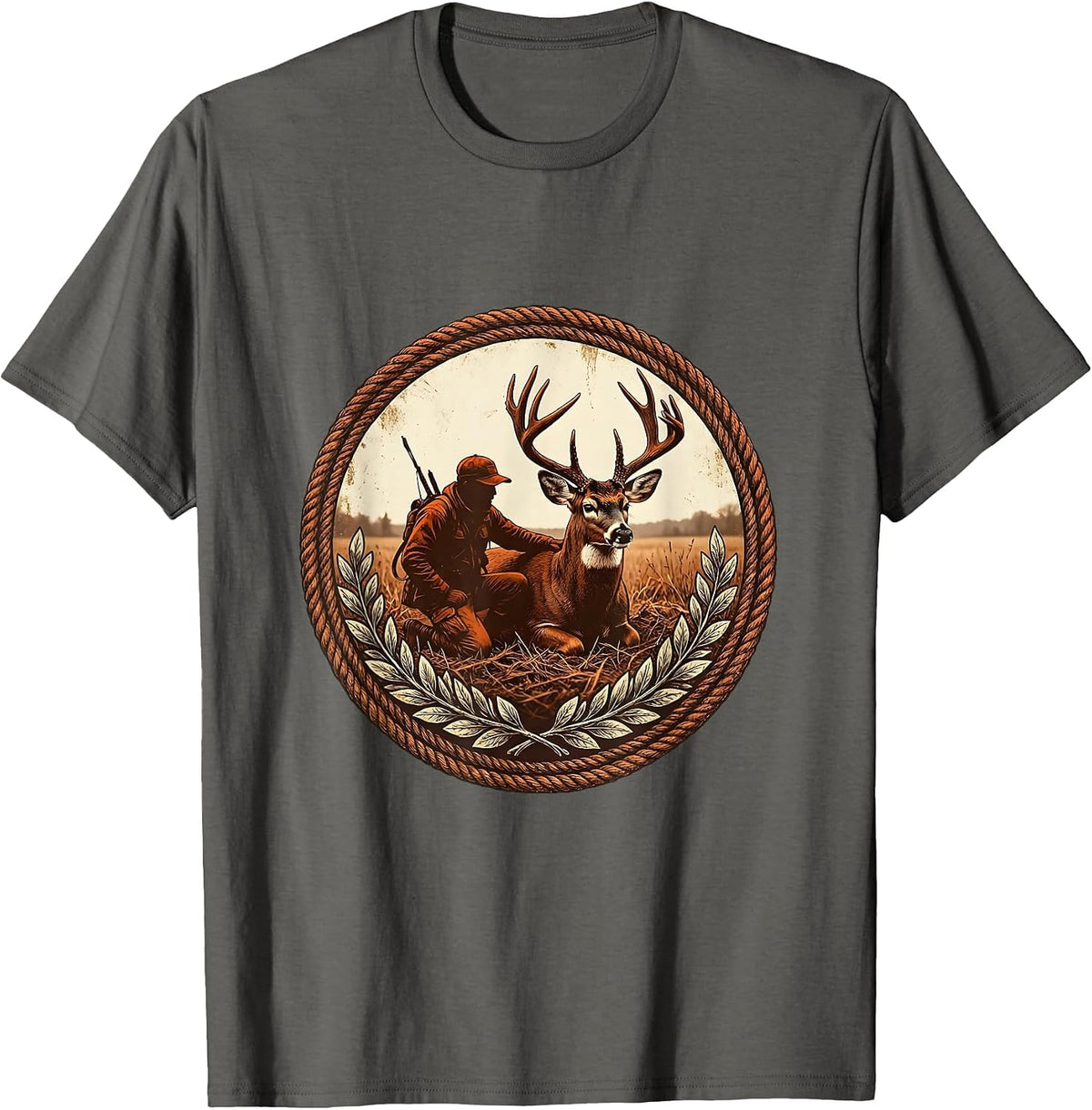 Hunter Kneeling With Harvested Whitetail Buck T-Shirt - Asphalt Grey