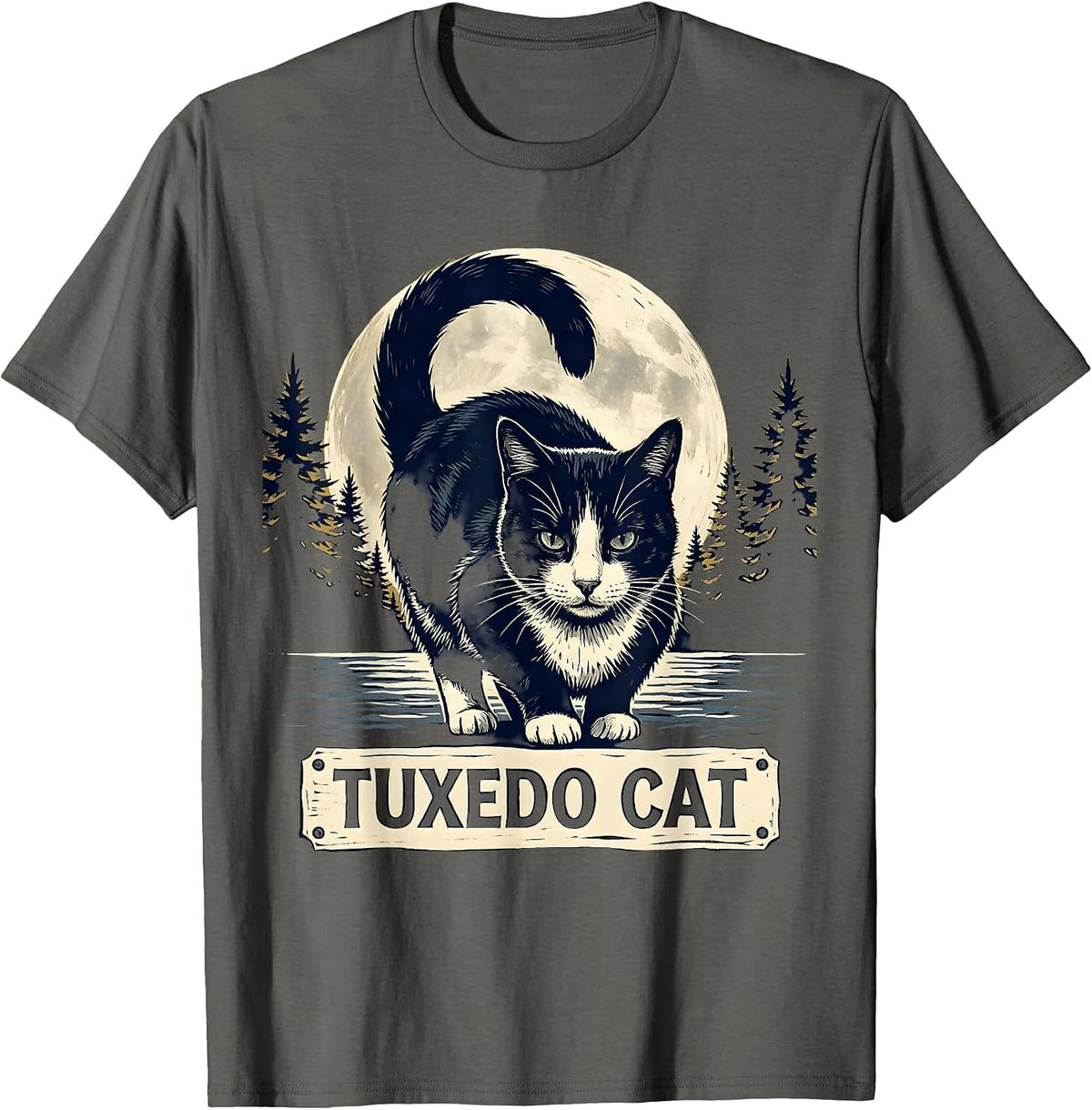 Men's Tuxedo Cat Linocut 90s Retro Moonlit Portrait T-Shirt - Asphalt Grey