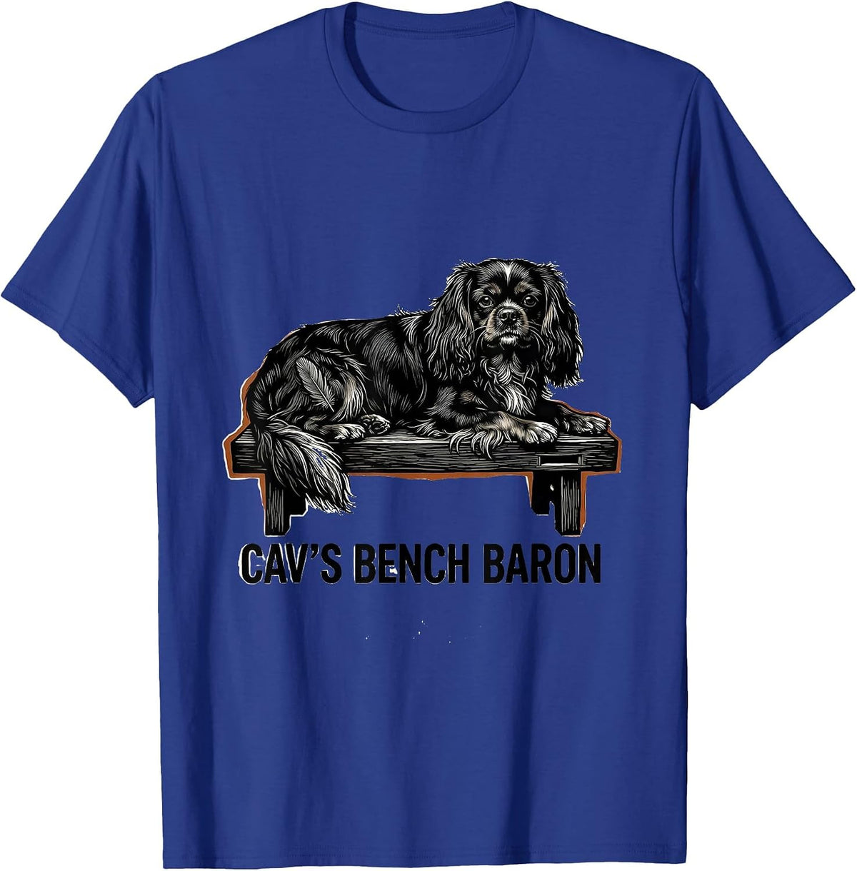 Cav's Bench Baron Linocut Cavalier King Charles Spaniel T-Shirt - Royal Blue