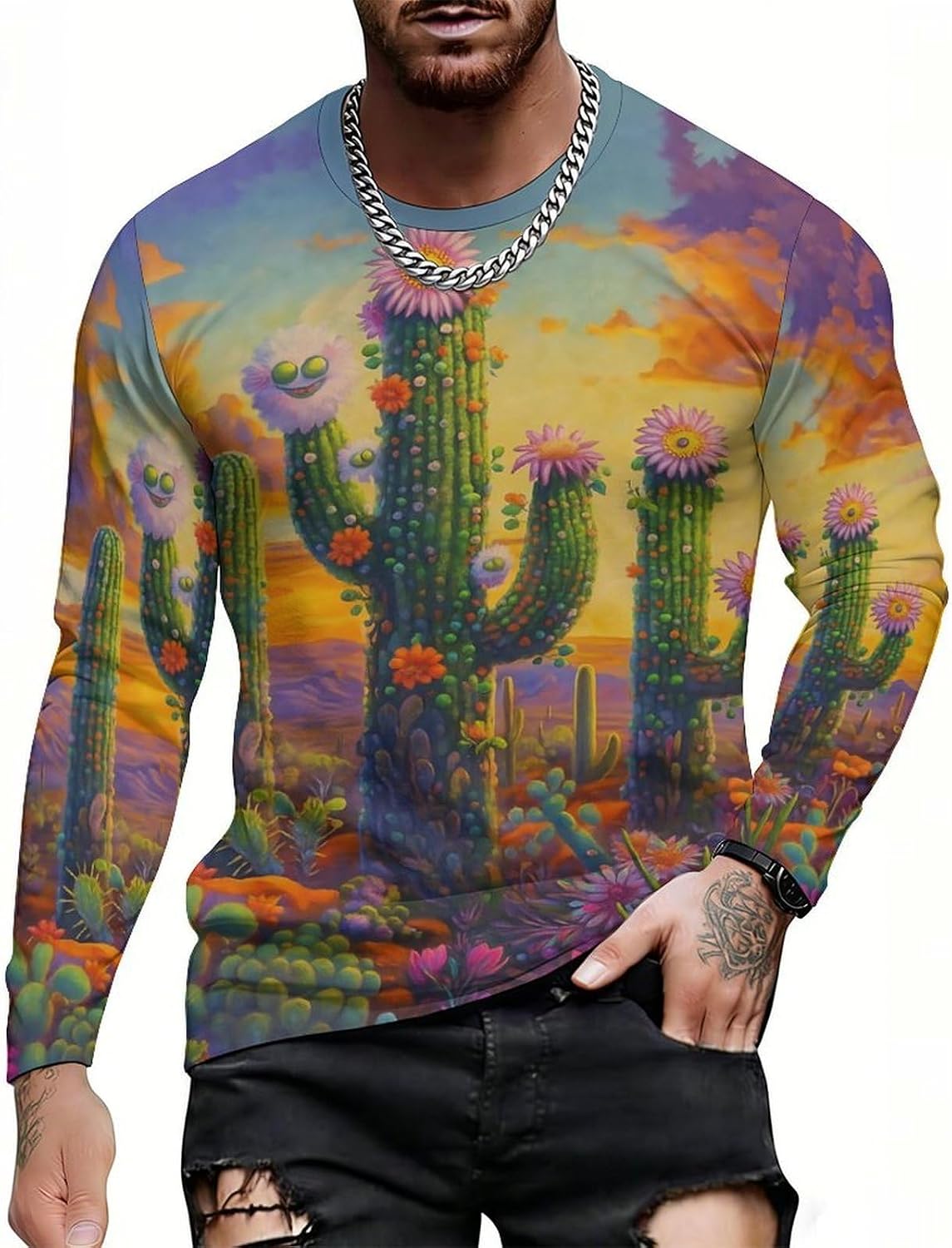 CASOWAT Long Sleeve Shirts for Men, Lightweight All-Over Print Casual Tee, Breathable Crewneck Long Sleeve Top - Style-2