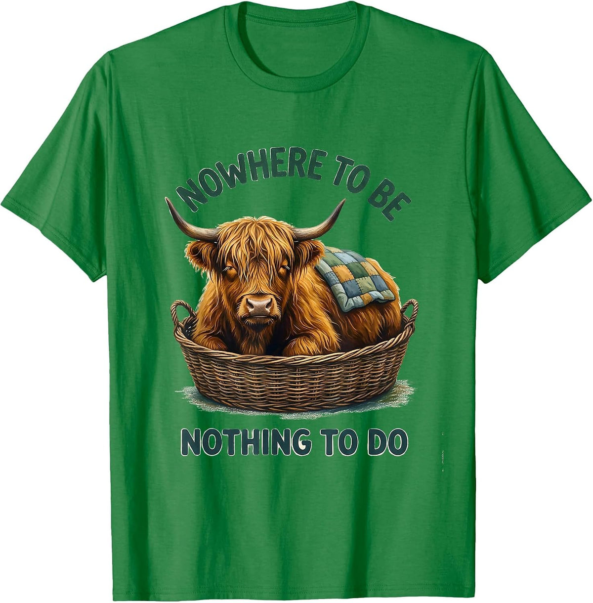 Men's Nowhere To Be, Nothing To Do Storybook Highland Cow Humor T-Shirt - Kelly Green