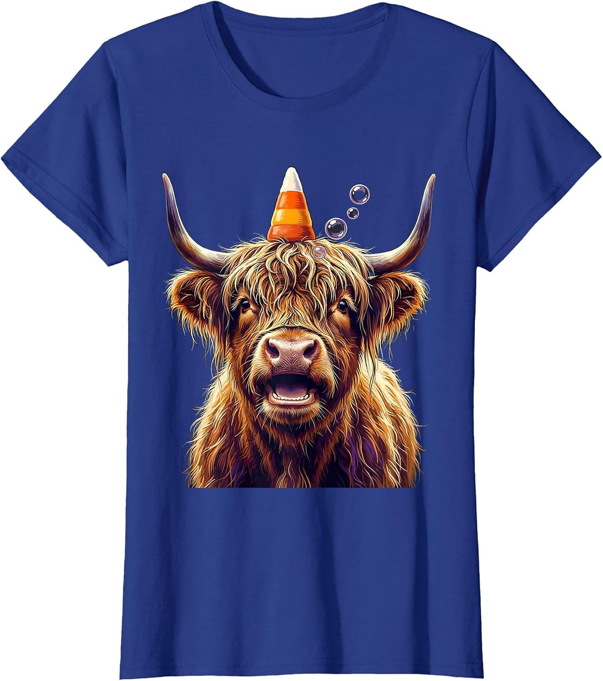 Women's Shaggy Highland Cow Candy Corn Crown Halloween Humor T-Shirt - Royal Blue