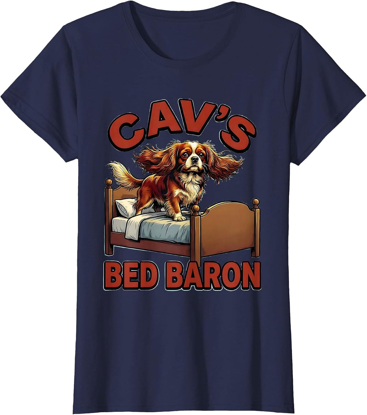 Women's Cav's Bed Baron Cartoon Cavalier King Charles Spaniel Owner T-Shirt - Navy Blue