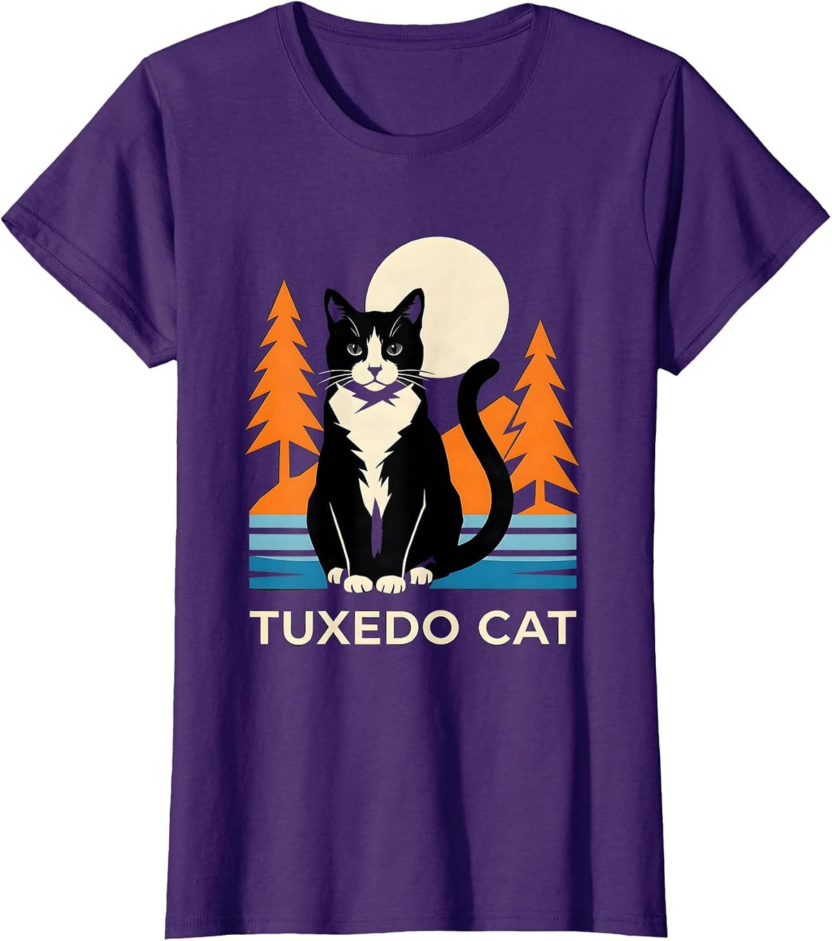 Women's Tuxedo Cat Stencil Graphic 90s Retro Cat Lover Portrait T-Shirt - Purple