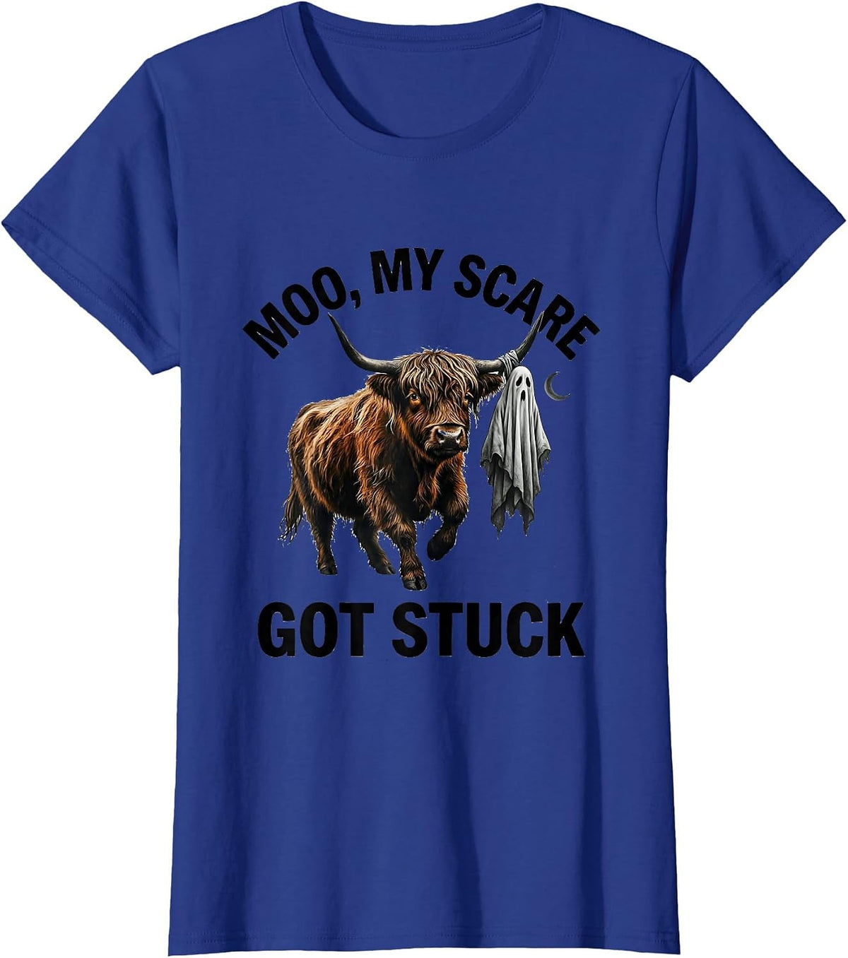 Women's Moo My Scare Got Stuck Funny Highland Cow Halloween Ghost T-Shirt - Royal Blue