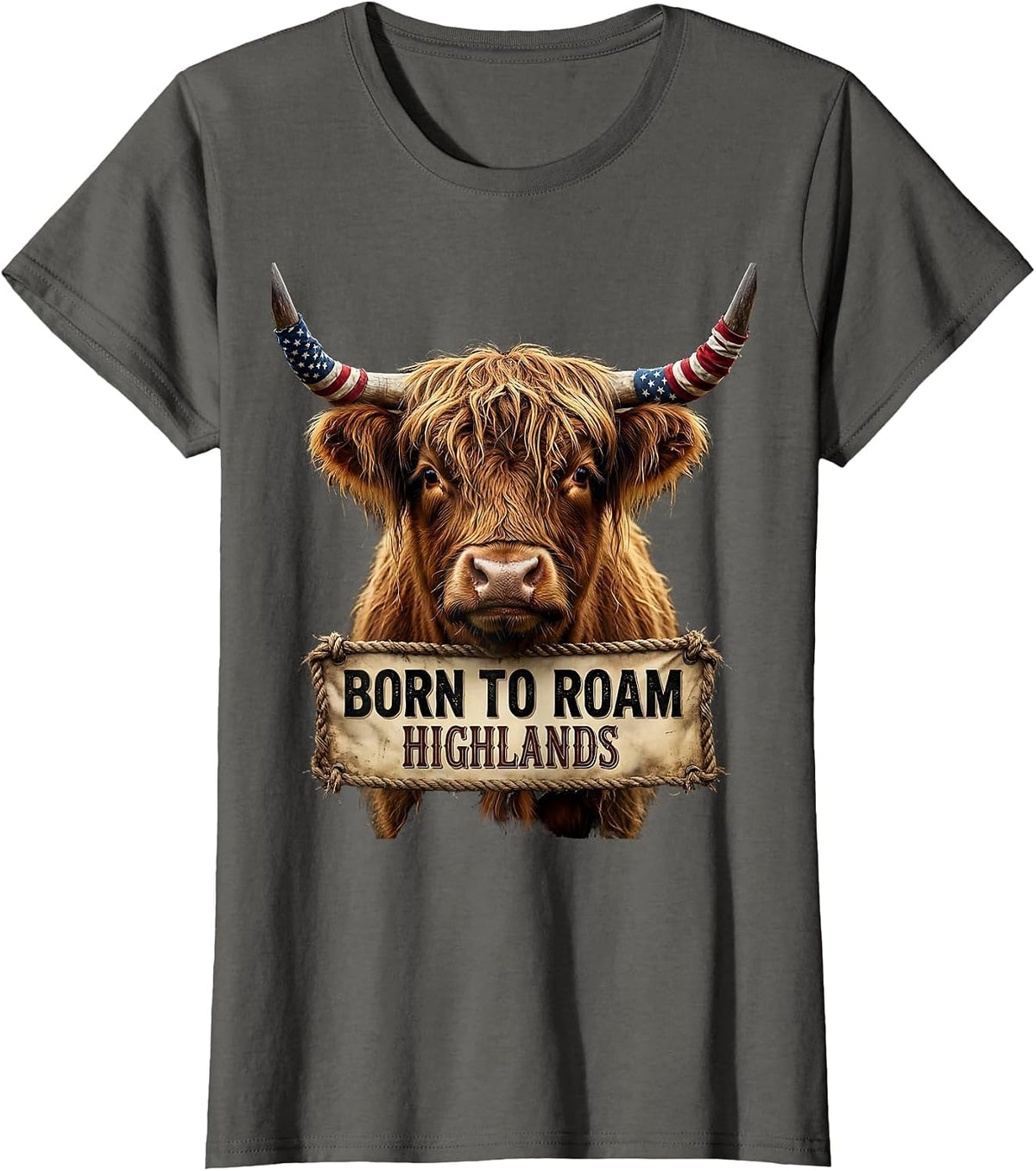 Women's Born to Roam Highlands Highland Cow Design T-Shirt - Asphalt Grey