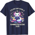 Color Our World Summer Reading Program 2025 Cute Axolotl T-Shirt - Navy Blue