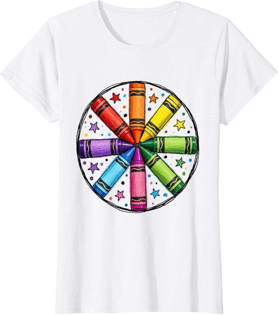 Women's Crayon Color Wheel Mandala Art Design T-Shirt - White