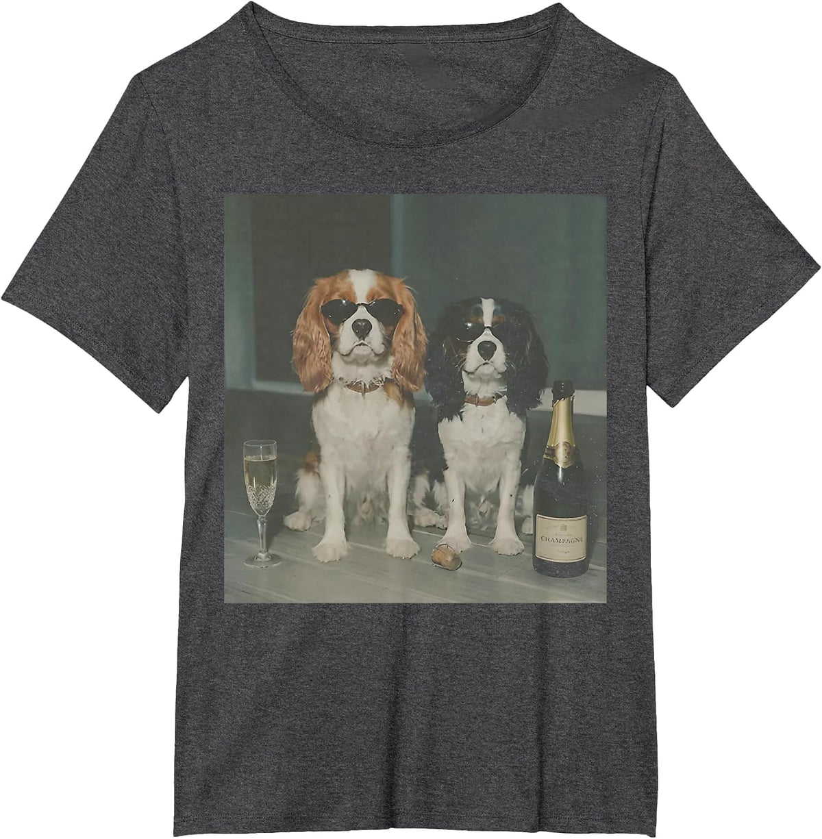 Cavalier King Charles Drinking Champagne Funny Dog Meme T-Shirt - Dark Heather Grey