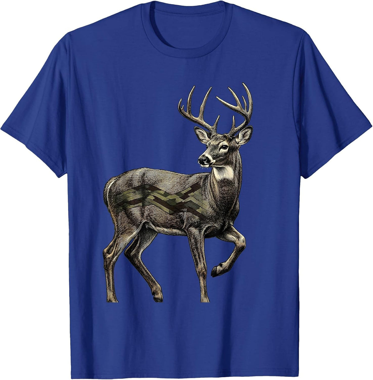 Alert Whitetail Buck Crosshatch Etching Hunting Pride T-Shirt - Royal Blue