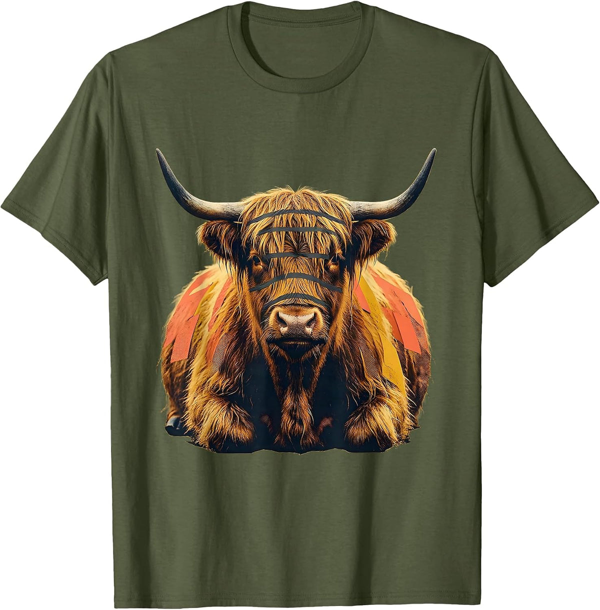 Men's Compact Highland Cow Midcentury Modern Animal Lover Humor T-Shirt - Olive Green