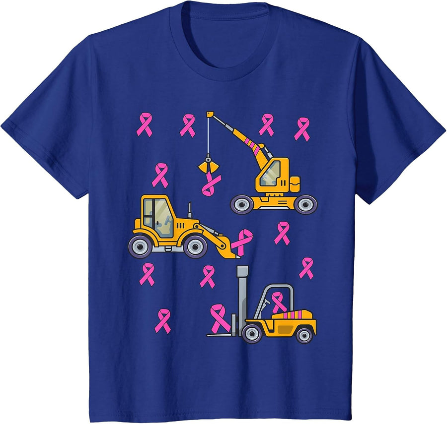 Pink Ribbon Breast Cancer Awareness Construction Tees T-Shirts for Toddler Boys Kids Youth - Royal Blue