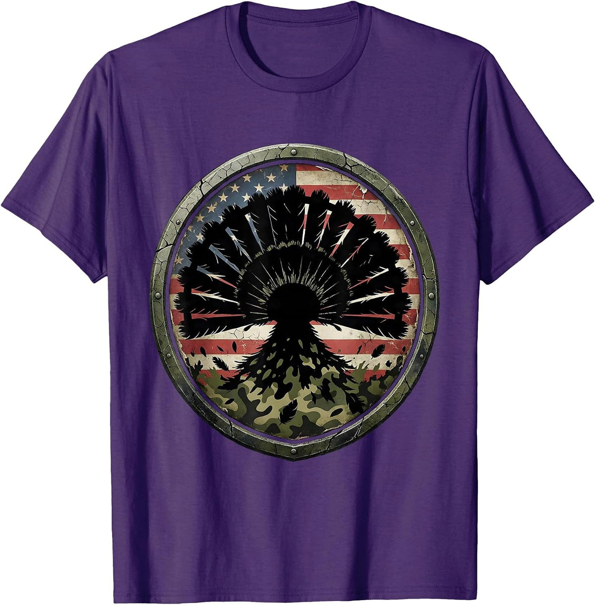Turkey Feather Fan Camo Hunting Graphic T-Shirt - Purple