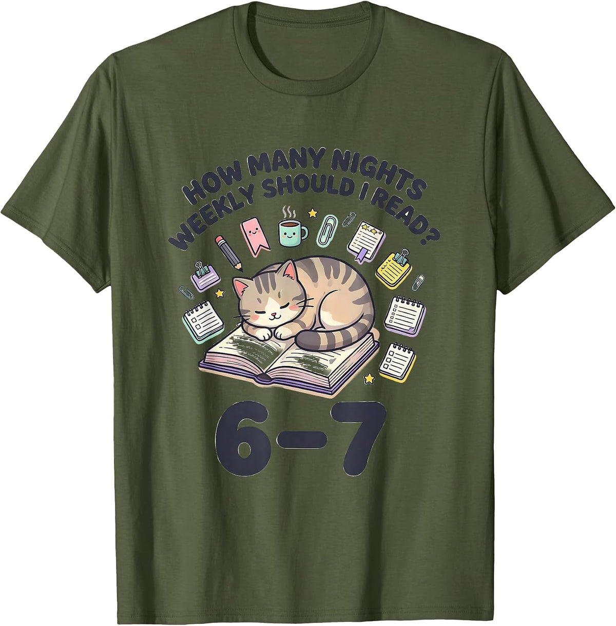 How Many Nights Weekly Should I Read? 6-7 Teacher T-Shirt - Olive Green