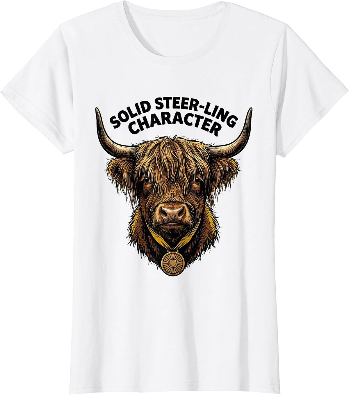 Women's Solid Steer-ling Character Funny Highland Cow Animal Lover T-Shirt - White
