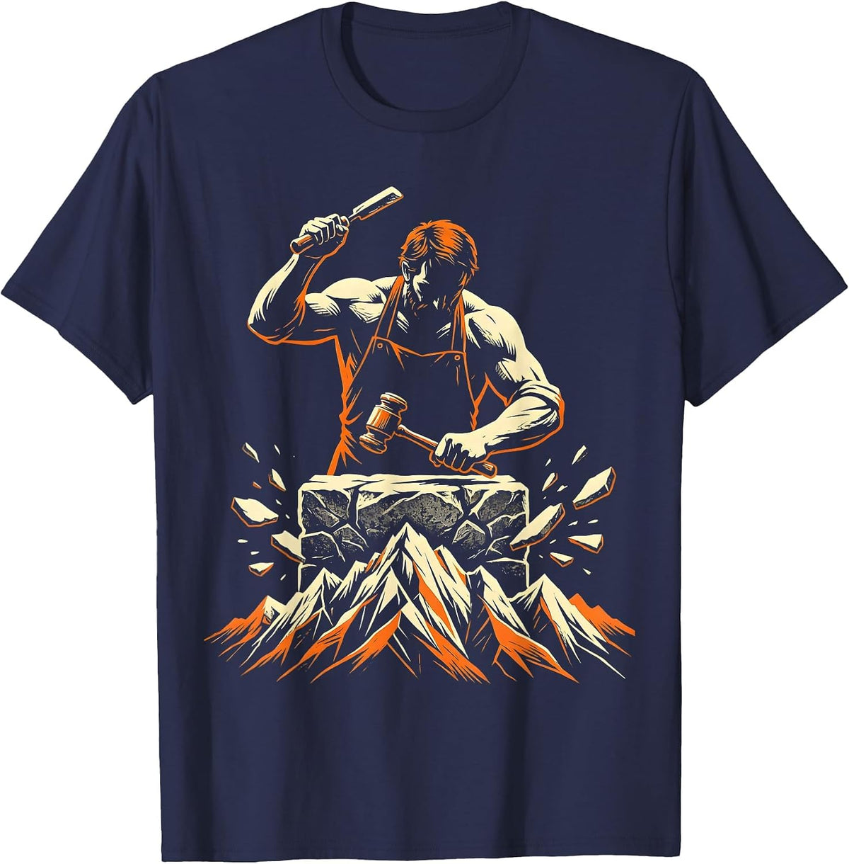 Stone Mason Mountain Peak Chisel Art Design T-Shirt - Navy Blue