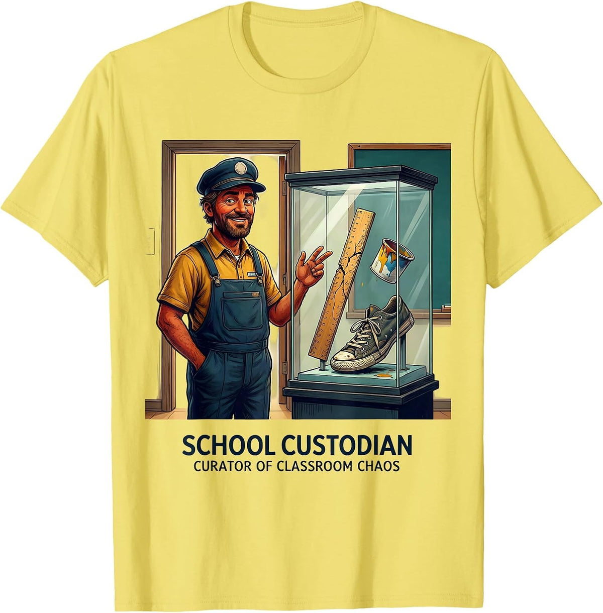 Men's School Custodian, Curator of Classroom Chaos Funny T-Shirt - Lemon Yellow