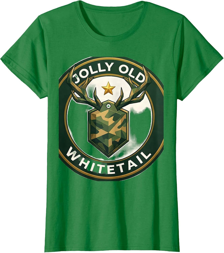 Women's Jolly Old Whitetail Low Poly Deer Hunting Christmas Camo T-Shirt - Kelly Green