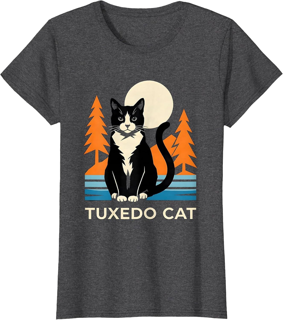 Women's Tuxedo Cat Stencil Graphic 90s Retro Cat Lover Portrait T-Shirt - Dark Heather Grey