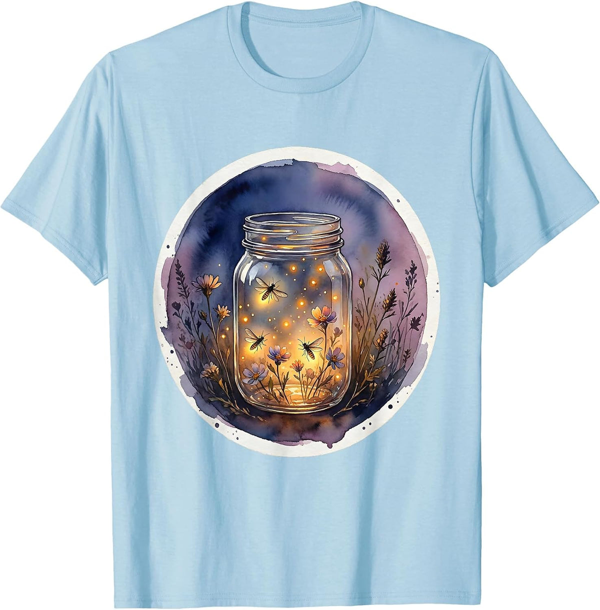 Men's Nana Mason Jar Fireflies Dusk Illustration T-Shirt - Baby Blue