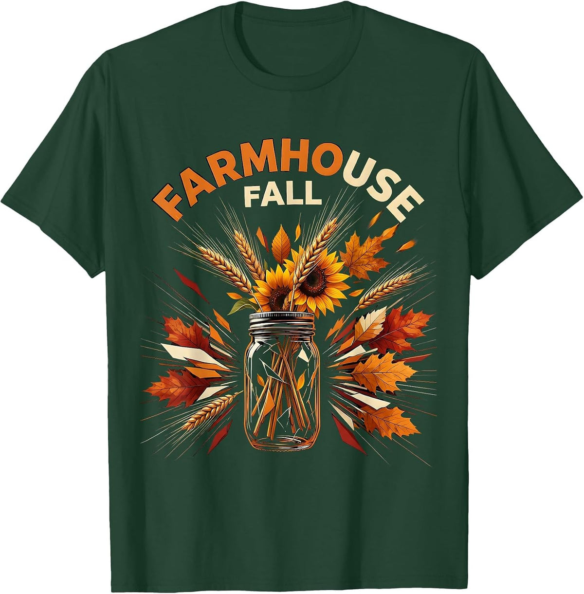 Men's Farmhouse Fall Mason Jar Arrangement Design T-Shirt - Dark Green