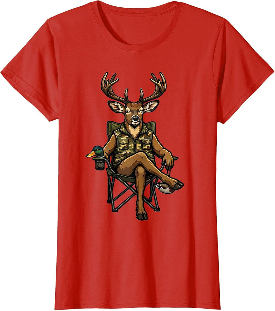 Women's Duck Lounging in Camo Funny Hunting Humor T-Shirt - Red