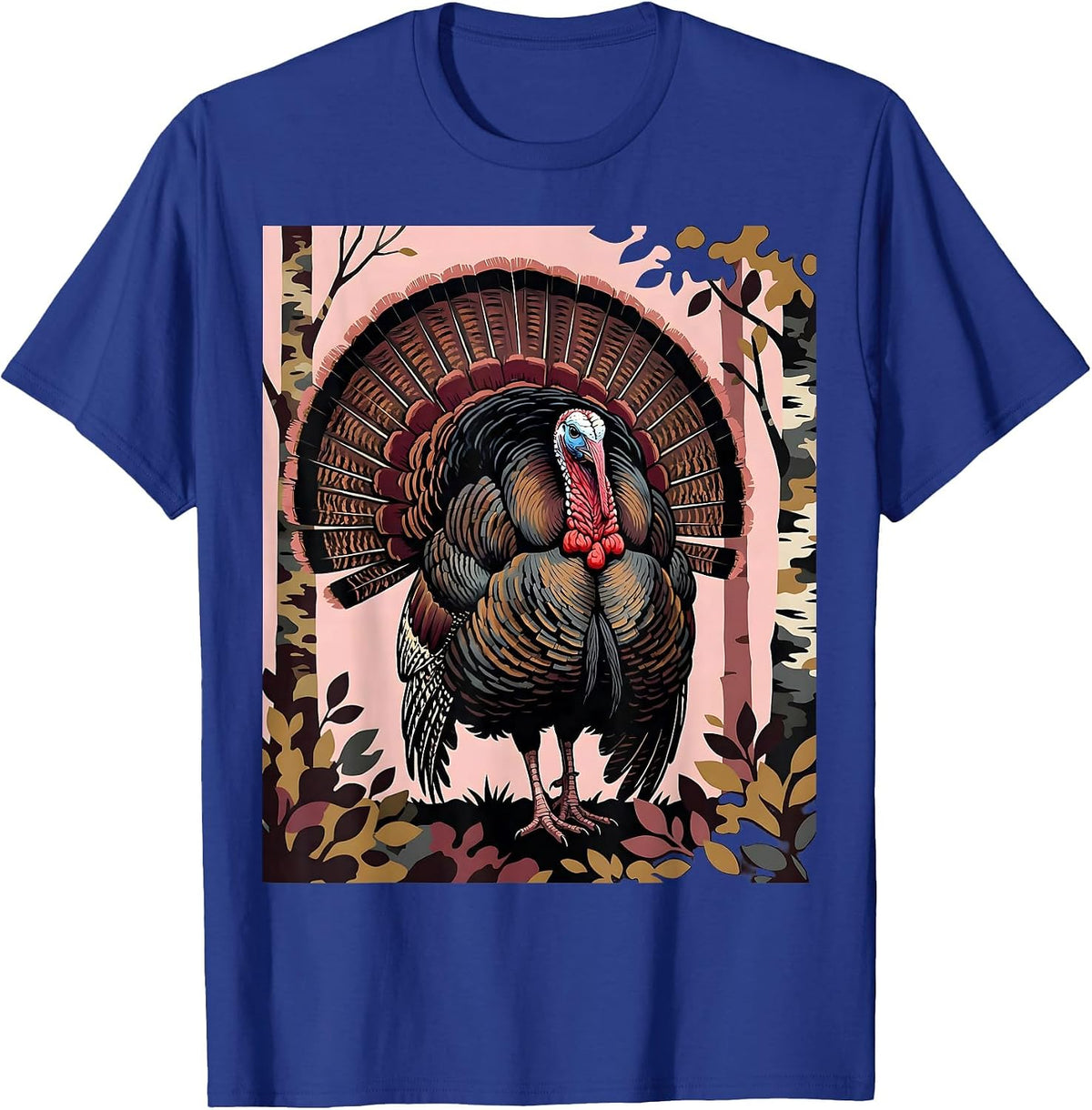 Men's Pink Camo Wild Turkey Strutting Forest Illustration T-Shirt - Royal Blue