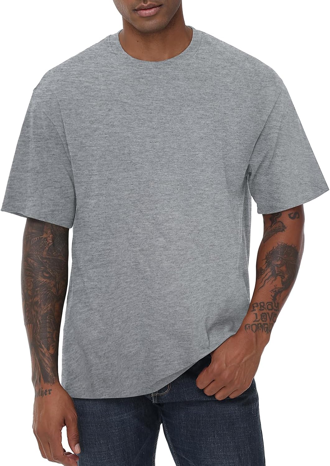 KEEPSHOWING Mens Oversized Short Sleeve T-Shirts Cotton Loose Fit Tees - Heather Grey