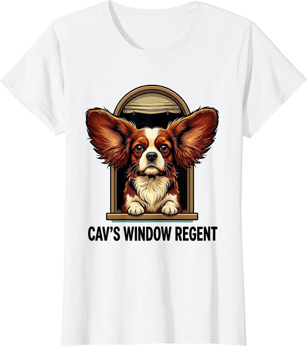 Women's Cav's Window Regent Cartoon Cavalier King Charles Spaniel T-Shirt - White