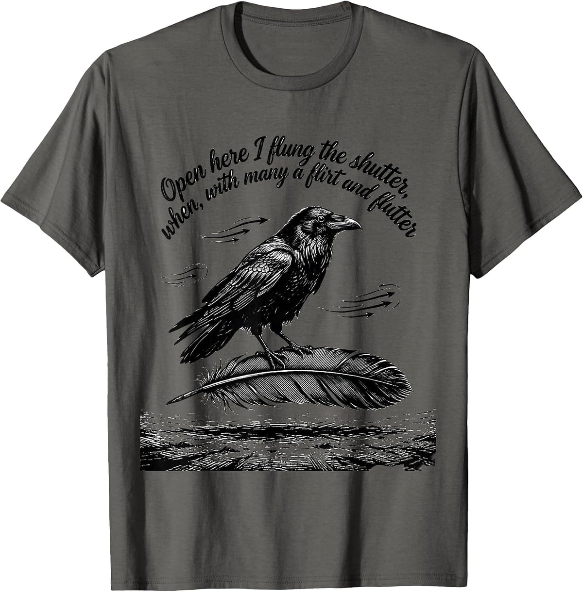 Men's Open Here I Flung the Shutter Gothic Raven Edgar Allan Poe T-Shirt - Asphalt Grey