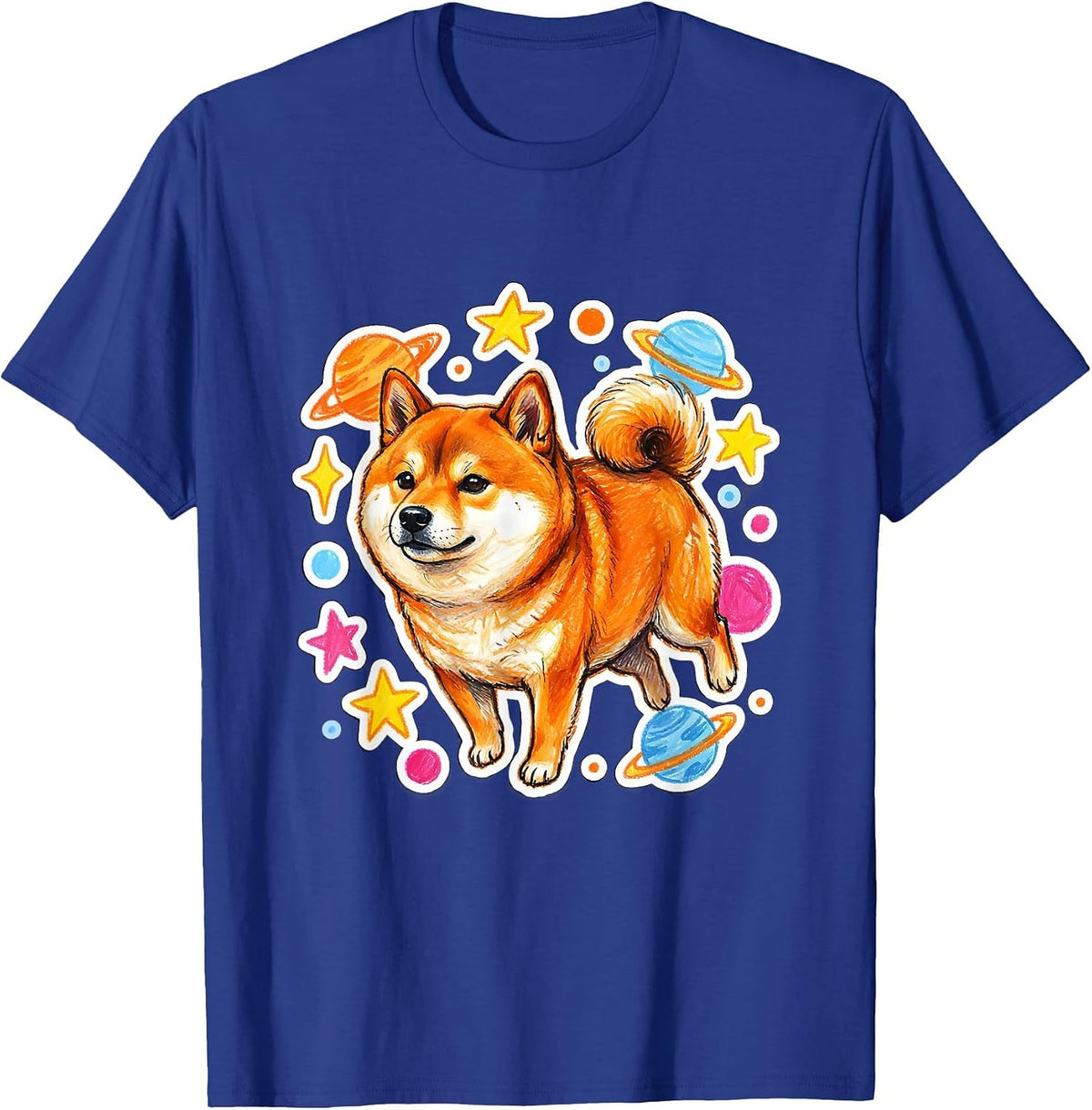 Shiba Inu Floating in Dotted Space Illustration T-Shirt - Royal Blue