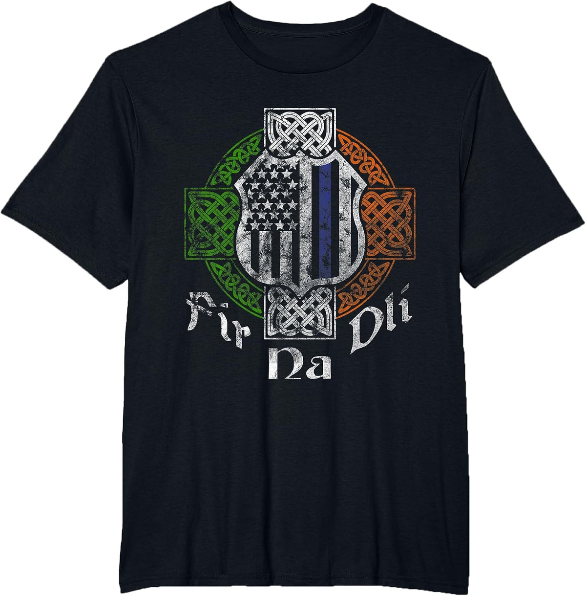 Thin Blue Line Shirt Fir Na Dli Celtic Cross Irish Police T-Shirt - Black