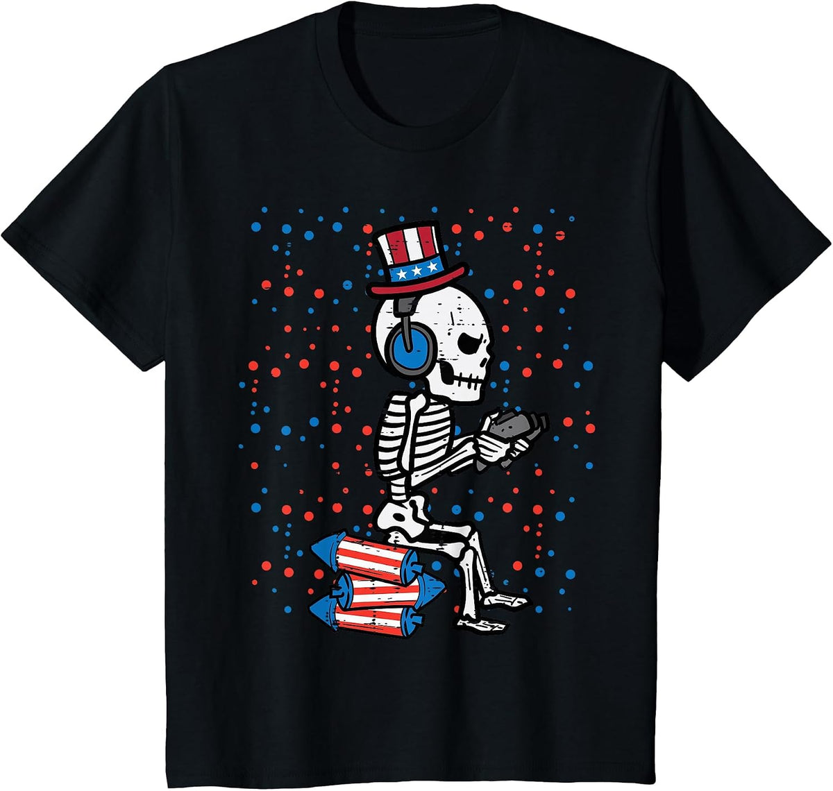 4th of July Skeleton Gamer Funny America Boys Kids Men Teen T-Shirt - Black