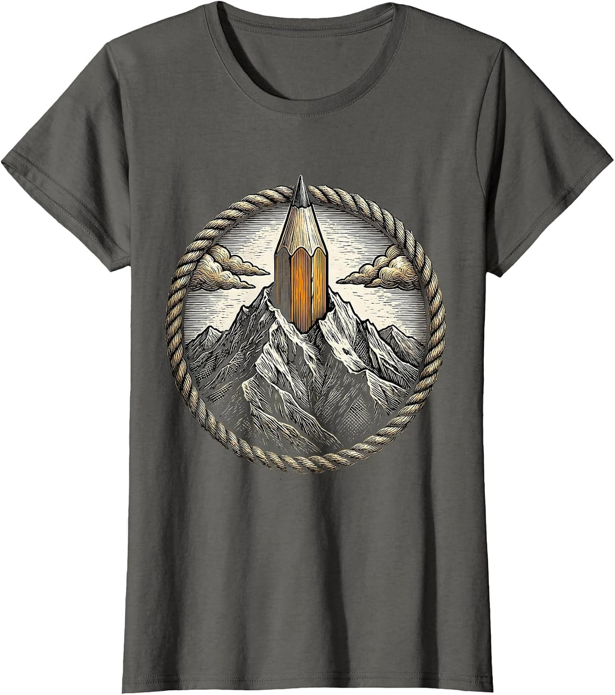 Women's Mountain Peak Pencil Summit Creative Art Design T-Shirt - Asphalt Grey
