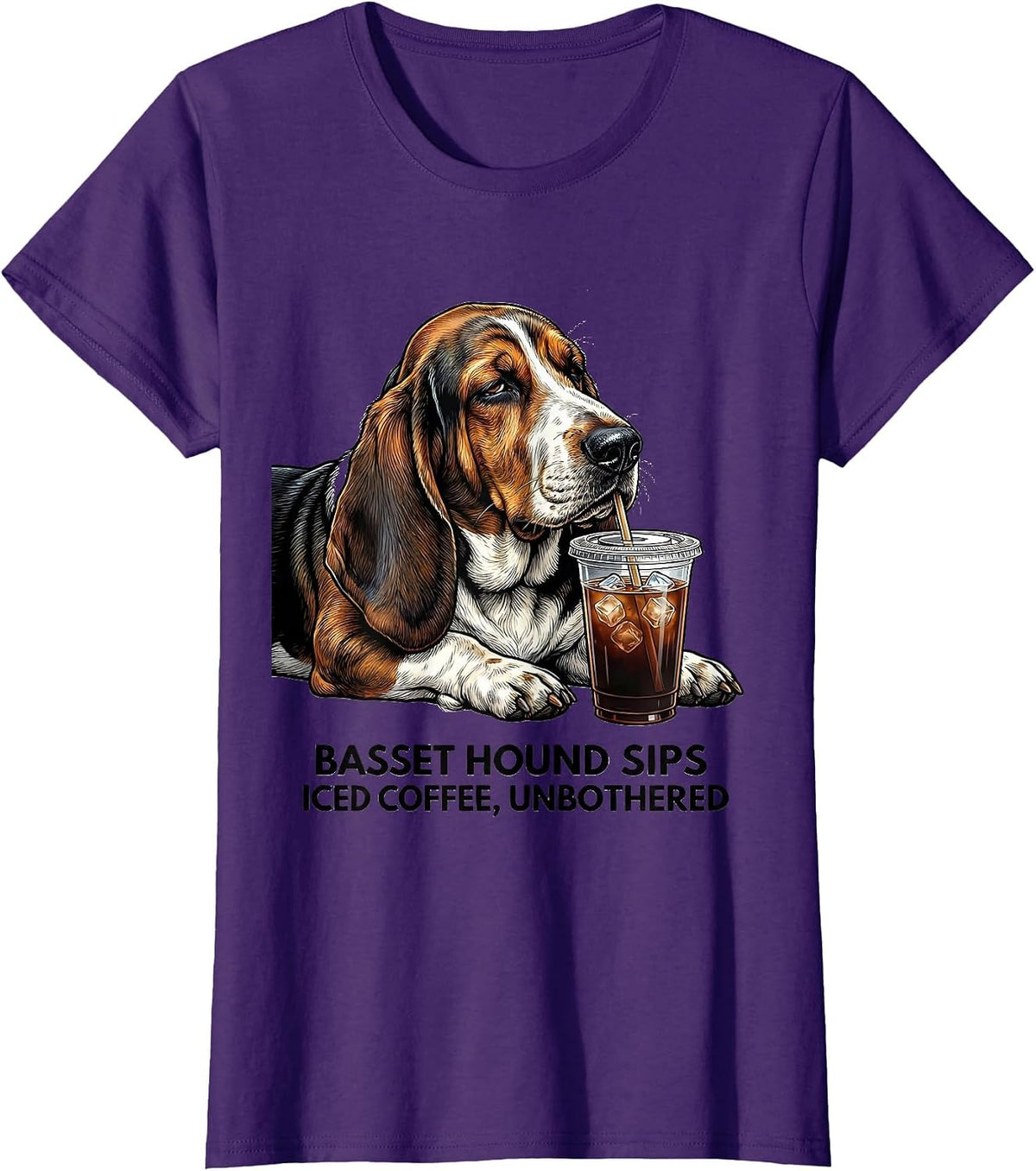 Basset Hound Sips Iced Coffee, Unbothered Funny T-Shirt, Women, Purple, Medium - As Pictured