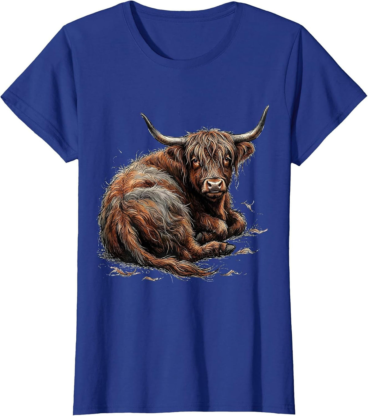 Women's Cute Highland Cow Hand Sketched Scottish Humor T-Shirt - Royal Blue