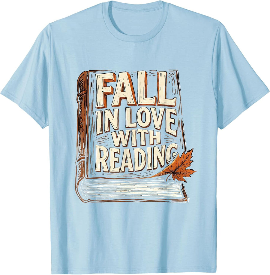 Men's Fall In Love With Reading Linocut Teacher Book Lover Autumn T-Shirt - Baby Blue