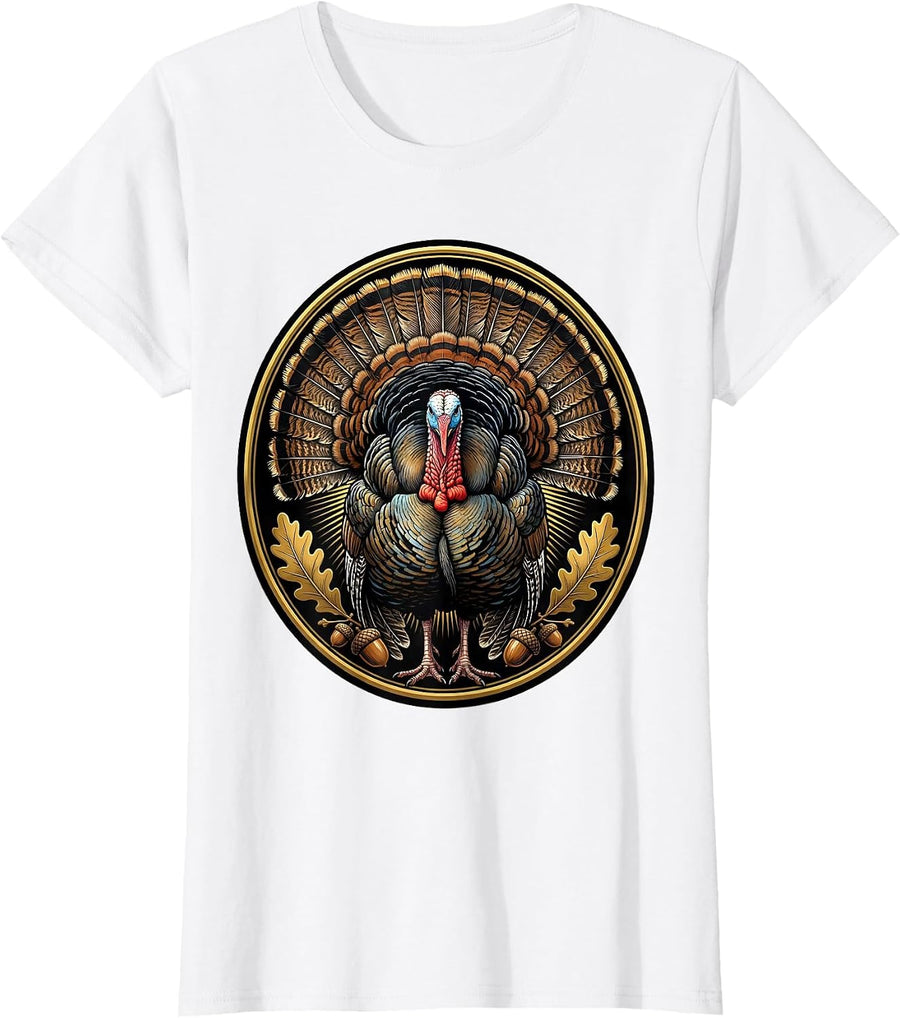 Women's Turkey Feathers Full Strut Fan Illustration T-Shirt - White