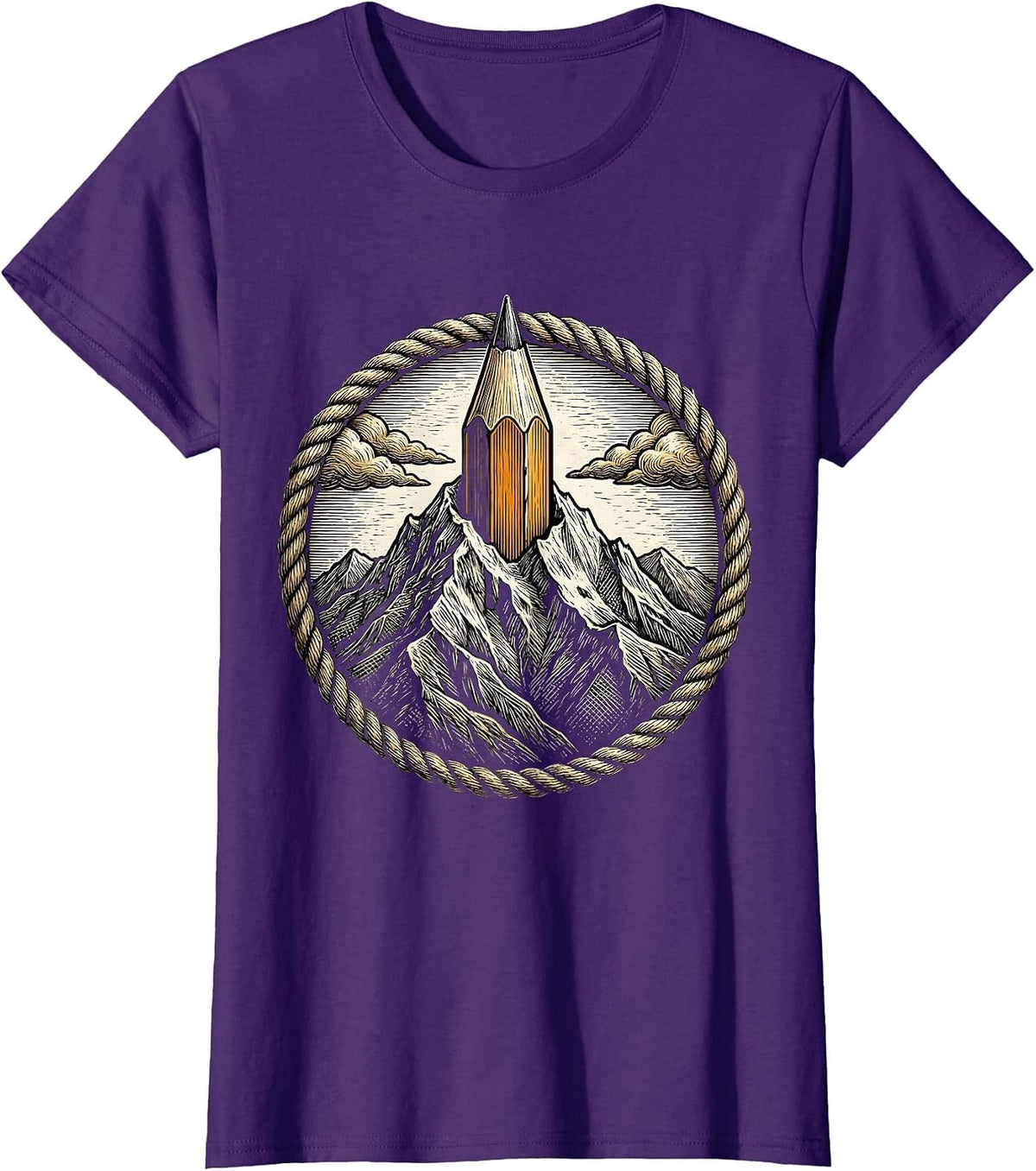 Women's Mountain Peak Pencil Summit Creative Art Design T-Shirt - Purple