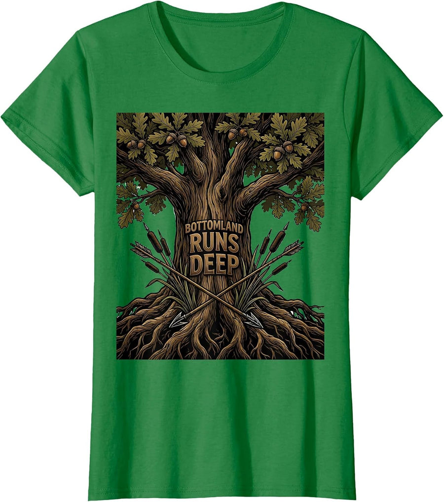 Women's Bottomland Runs Deep Camo Hunting Design T-Shirt - Kelly Green