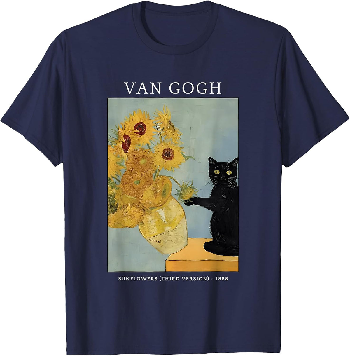 Funny Van Gogh Sunflowers Cat Meme Van Gogh Art Graphic T-Shirt - Navy Blue