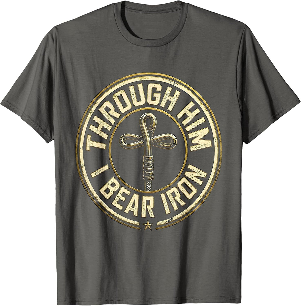 Through Him I Bear Iron Christian Gym Faith Workout T-Shirt - Asphalt Grey
