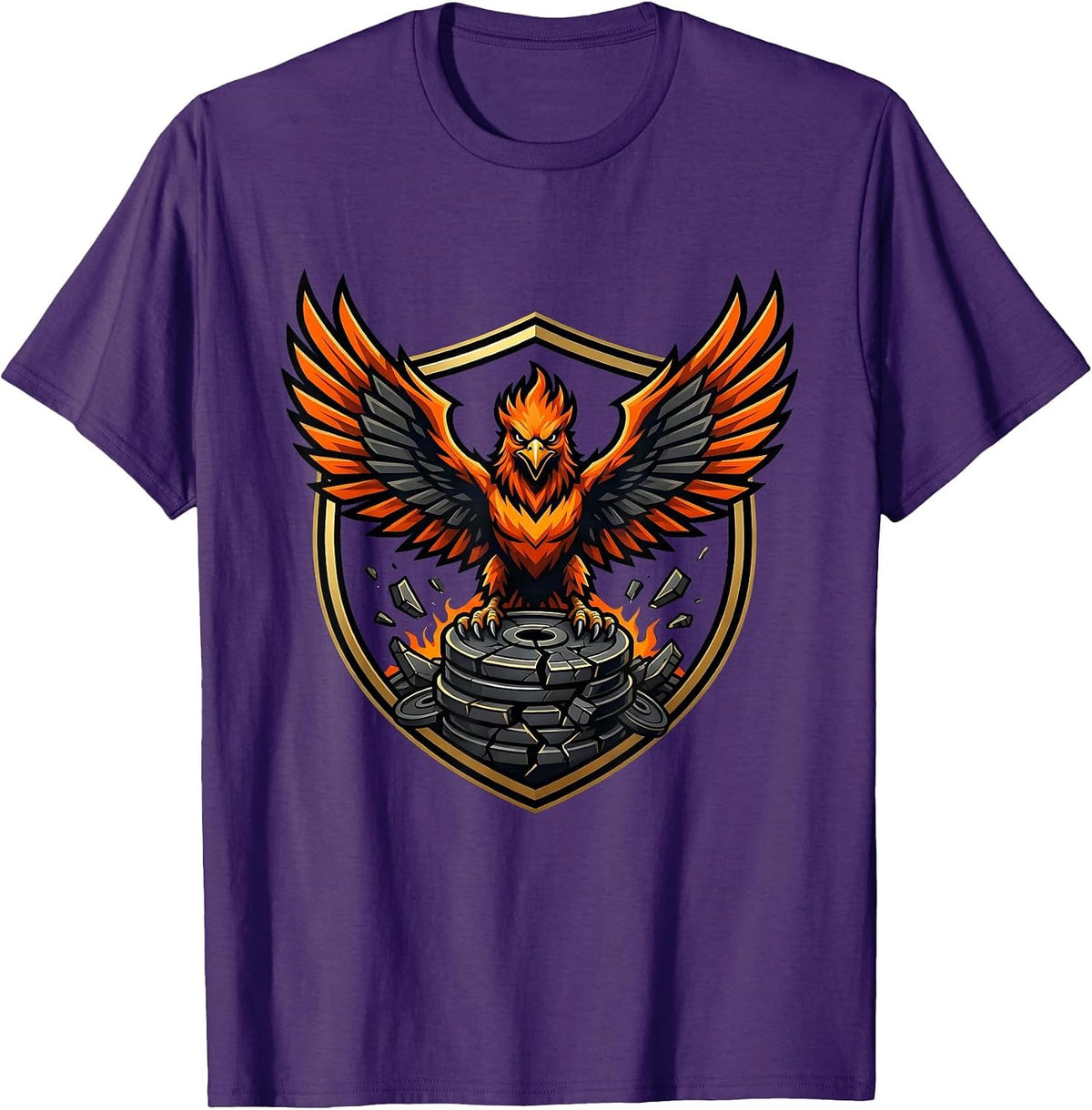 Phoenix Rising From Broken Weights Gym Design T-Shirt - Purple